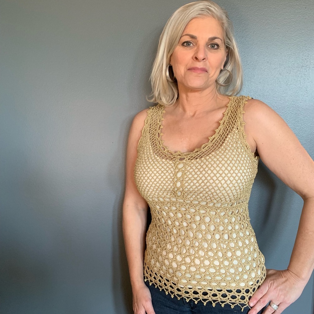 V CRISTINA crochet beaded shimmer tank.